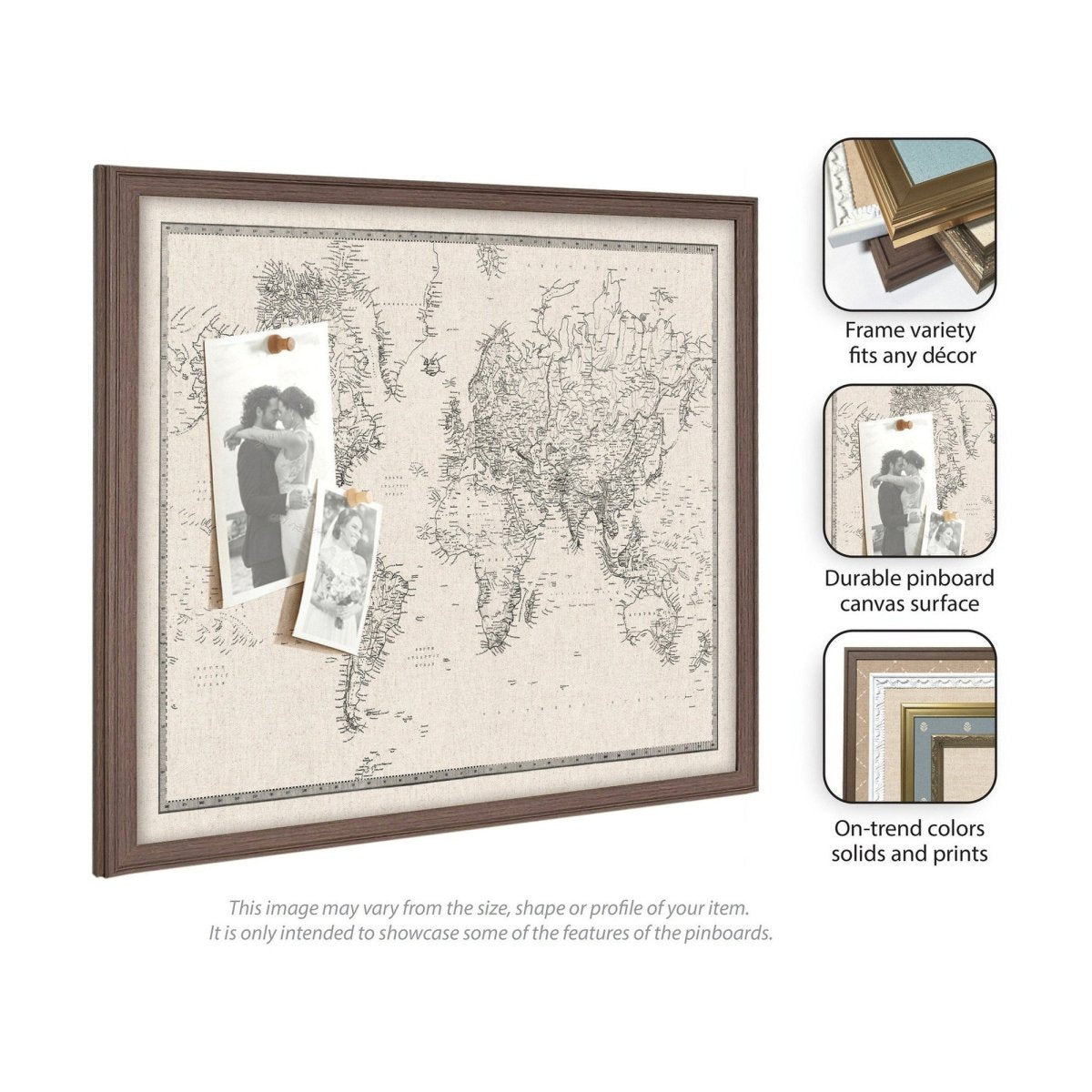 kateandlaurel Vintage World Map Fabric Pinboard | Framed Decorative Bulletin Board