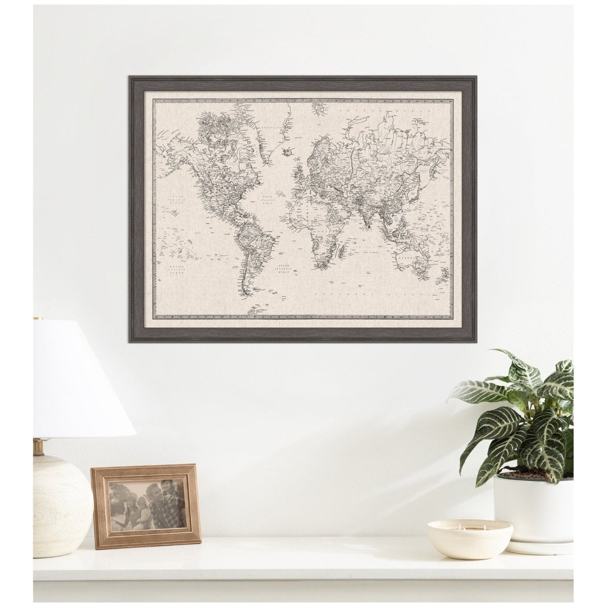 kateandlaurel Vintage World Map Fabric Pinboard | Framed Decorative Bulletin Board