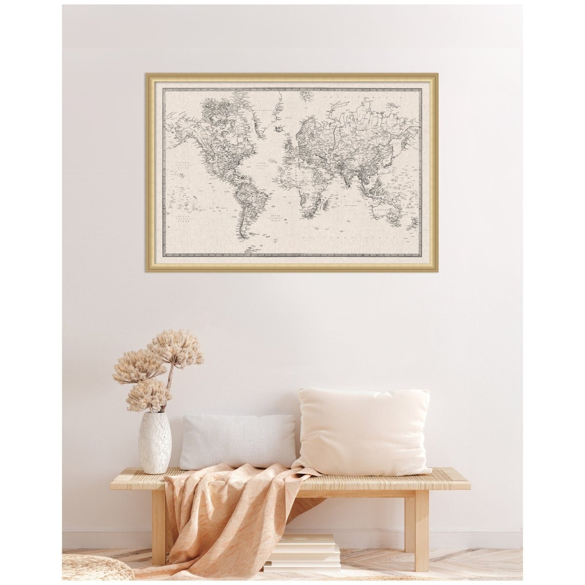 kateandlaurel Vintage World Map Fabric Pinboard | Framed Decorative Bulletin Board