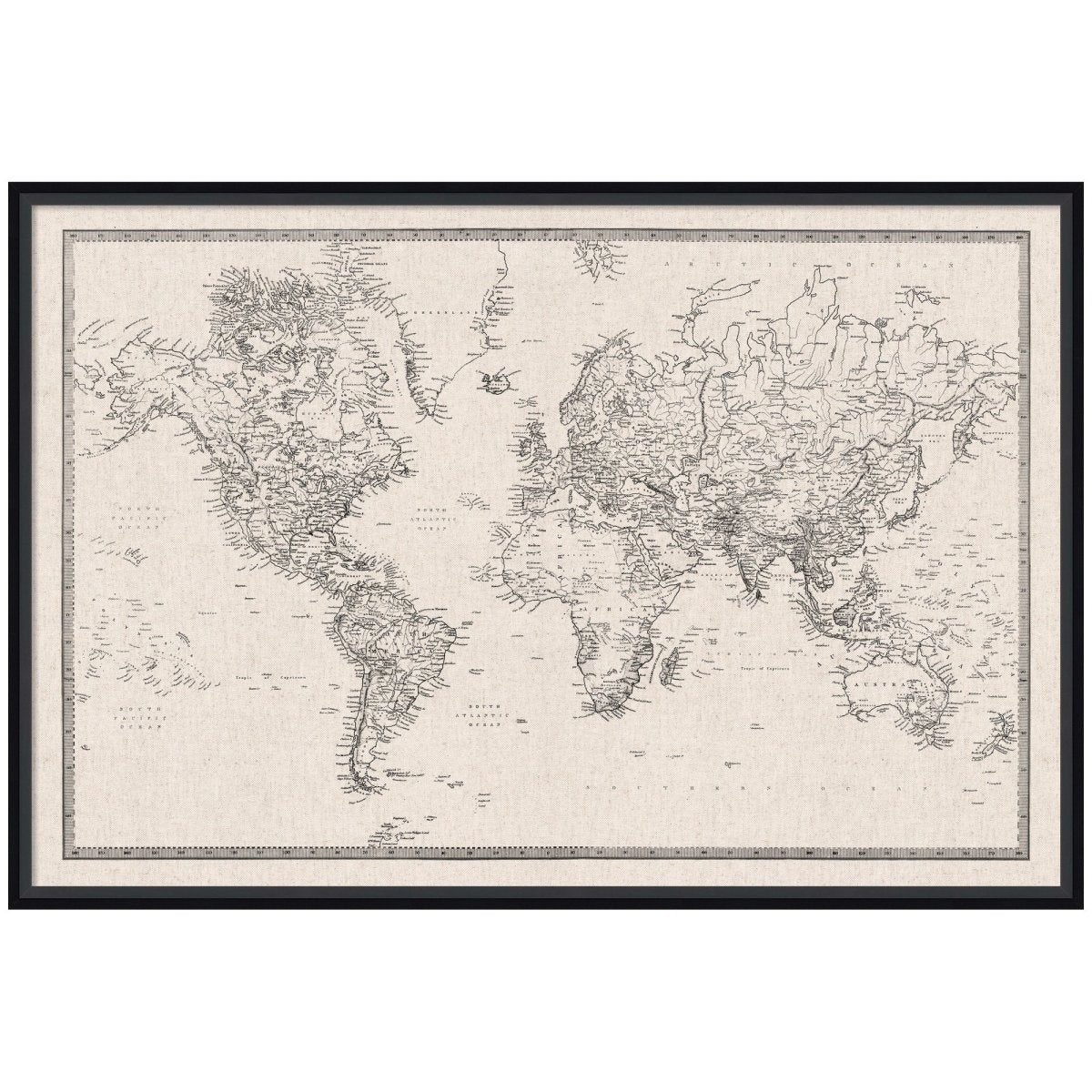 kateandlaurel Vintage World Map Fabric Pinboard | Framed Decorative Bulletin Board