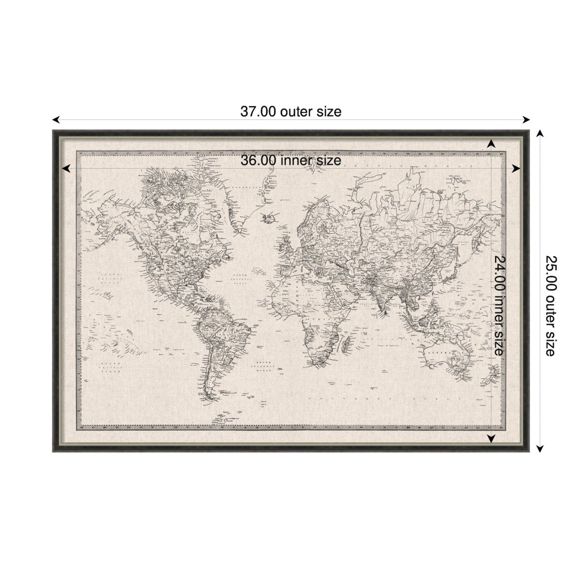kateandlaurel Vintage World Map Fabric Pinboard | Framed Decorative Bulletin Board