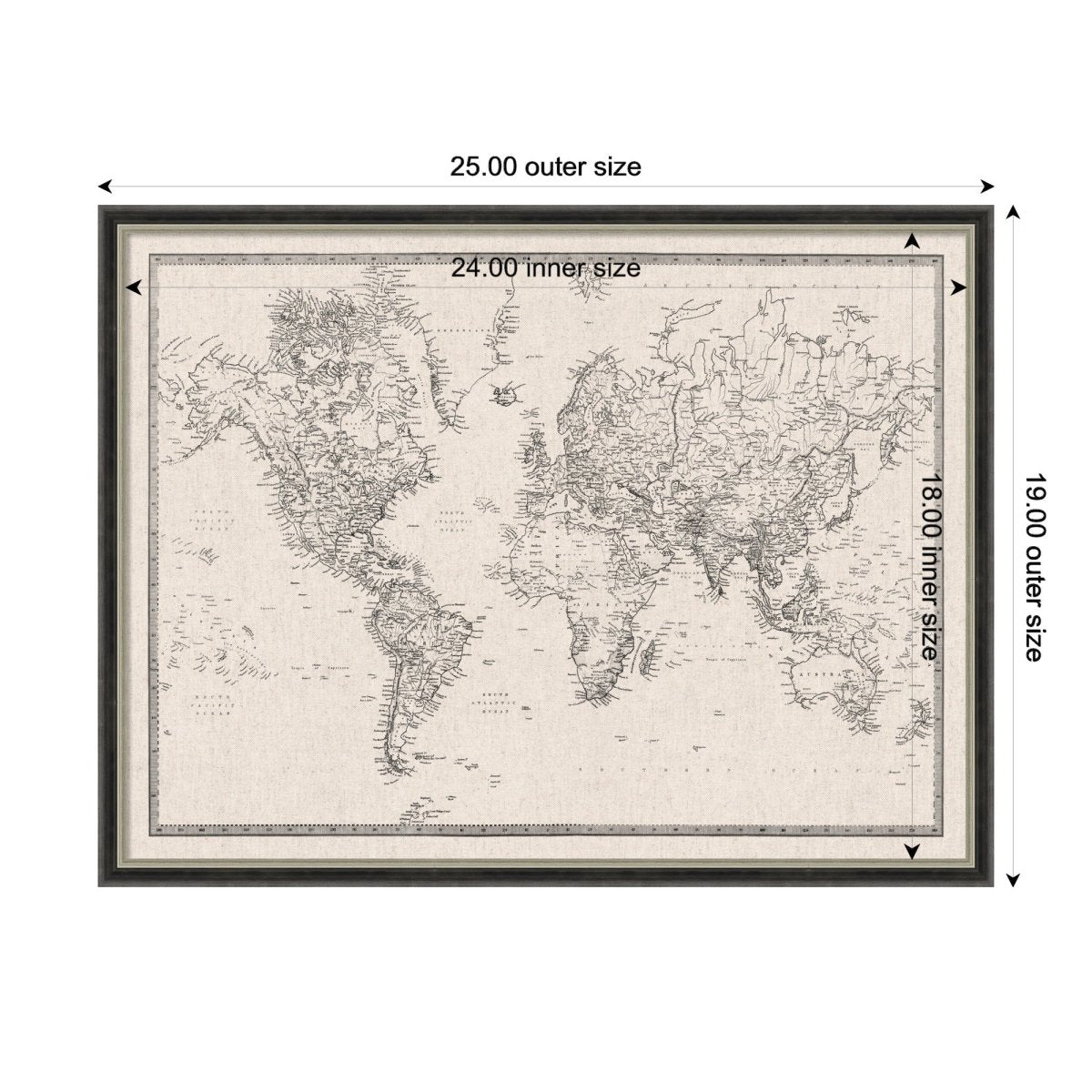 kateandlaurel Vintage World Map Fabric Pinboard | Framed Decorative Bulletin Board