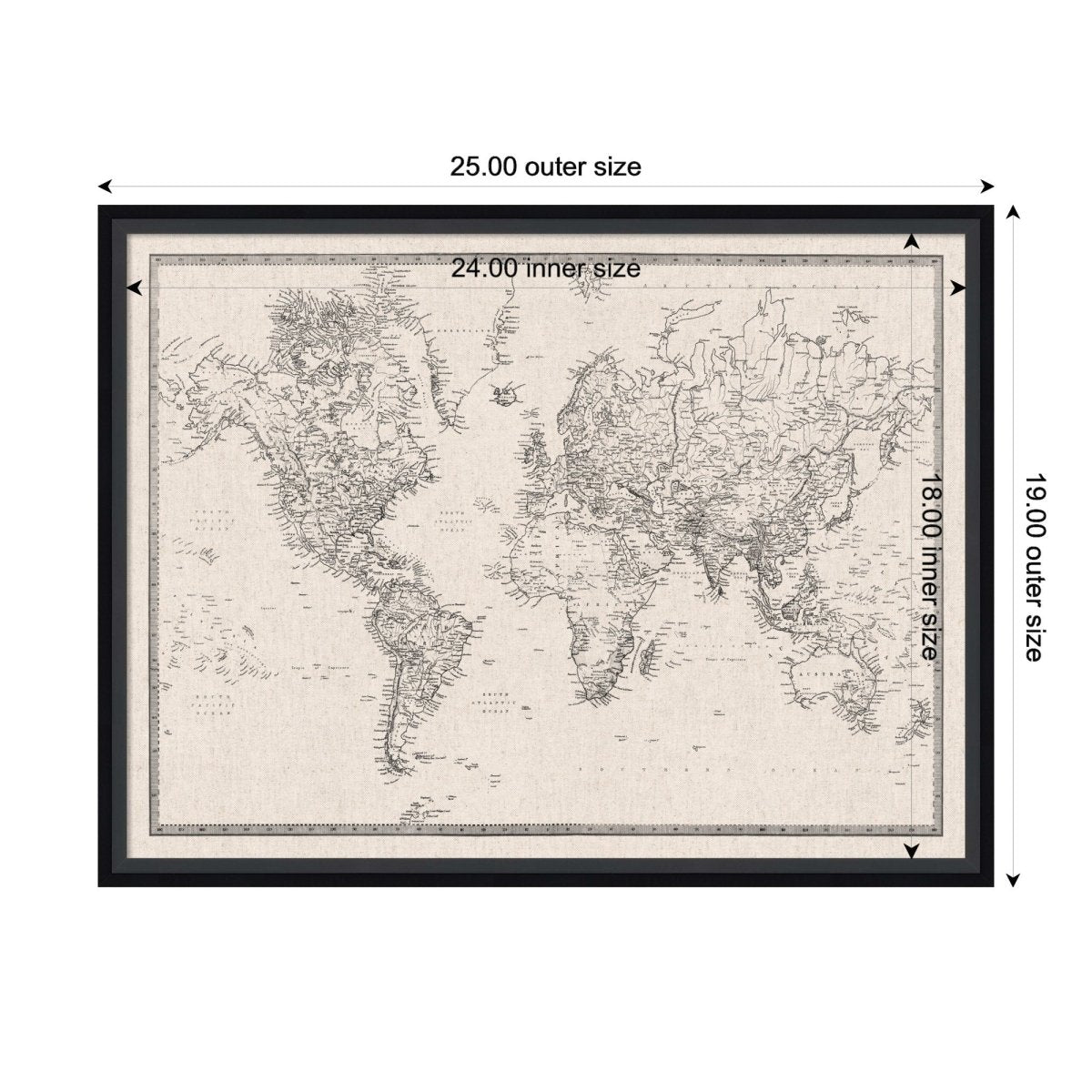 kateandlaurel Vintage World Map Fabric Pinboard | Framed Decorative Bulletin Board