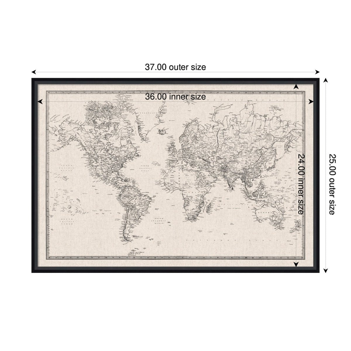 kateandlaurel Vintage World Map Fabric Pinboard | Framed Decorative Bulletin Board