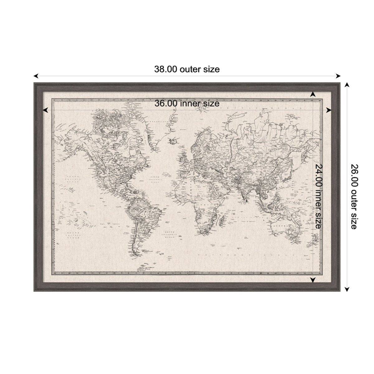 kateandlaurel Vintage World Map Fabric Pinboard | Framed Decorative Bulletin Board