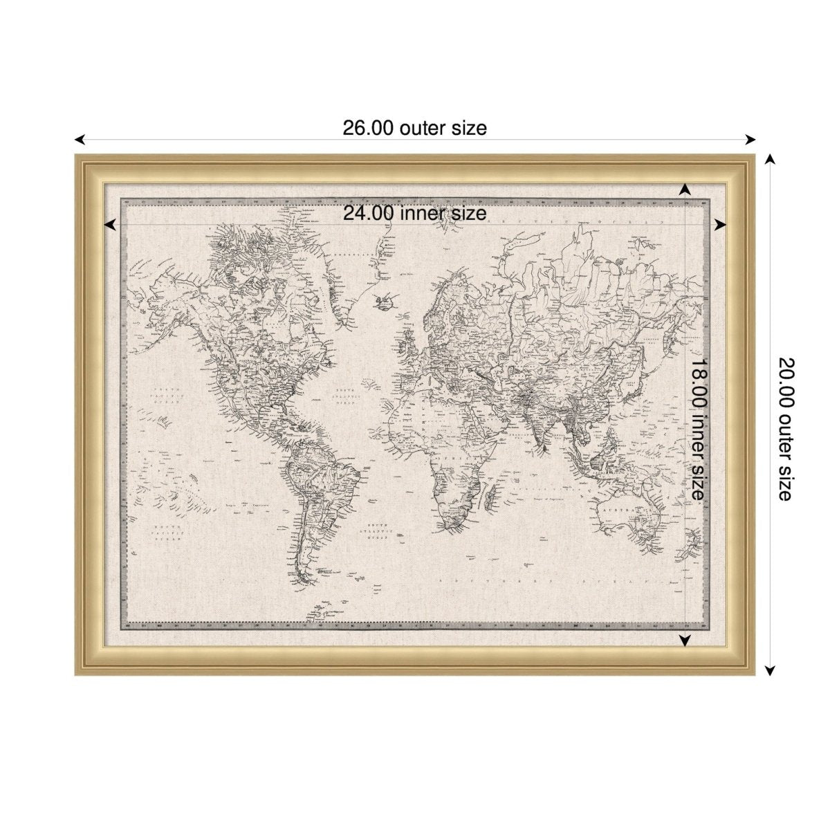 kateandlaurel Vintage World Map Fabric Pinboard | Framed Decorative Bulletin Board