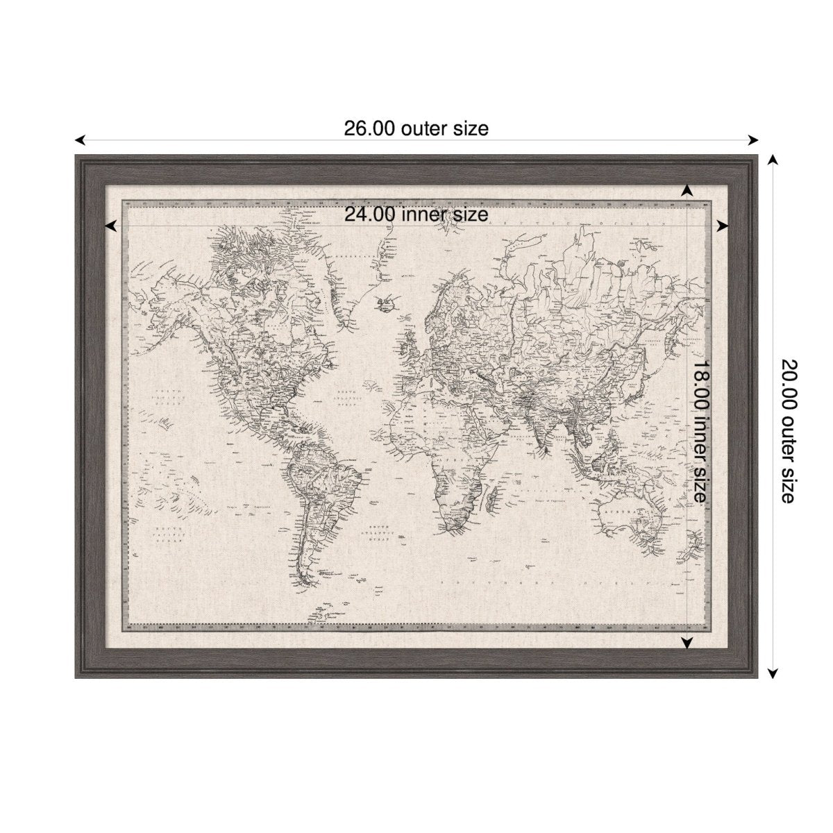 kateandlaurel Vintage World Map Fabric Pinboard | Framed Decorative Bulletin Board