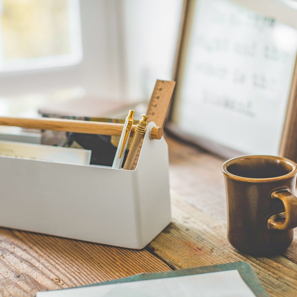 
                      
                        Steel Pen & Desk Organizer with Wood Handle, Large
                      
                    