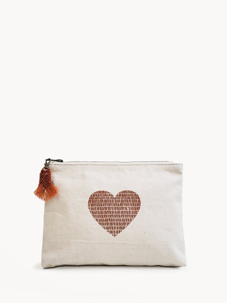 KORISSA Hand Screen Printed Cotton Canvas Pouch - Love Design with Hemp Tassel
