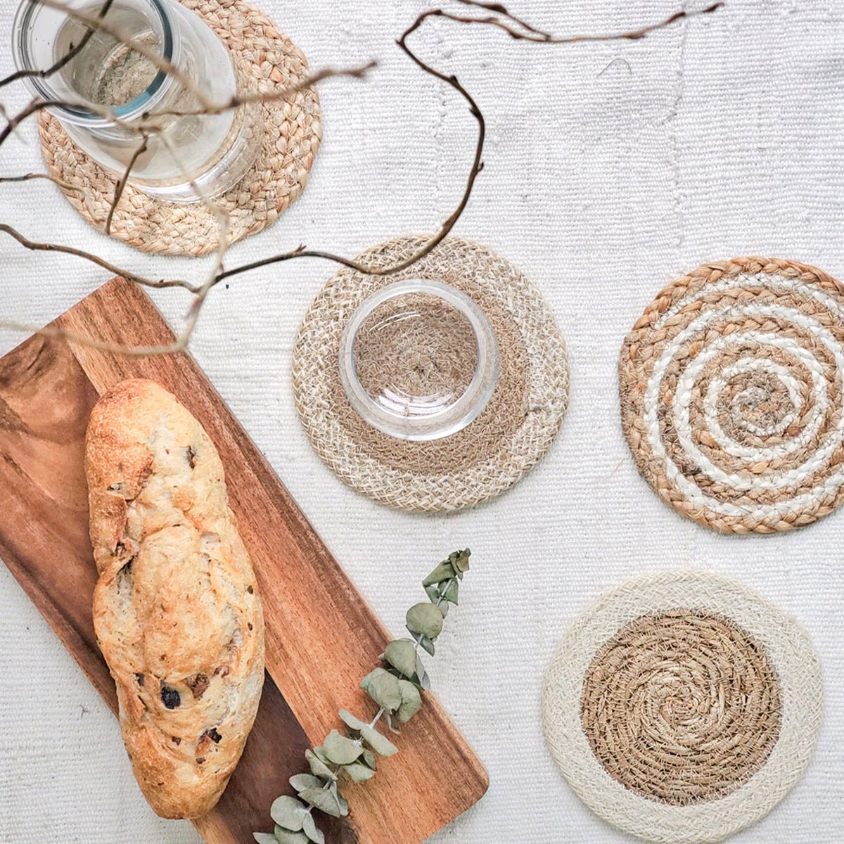 KORISSA Handmade Jute Seagrass Coaster Set of 4 with Drawstring Pouch