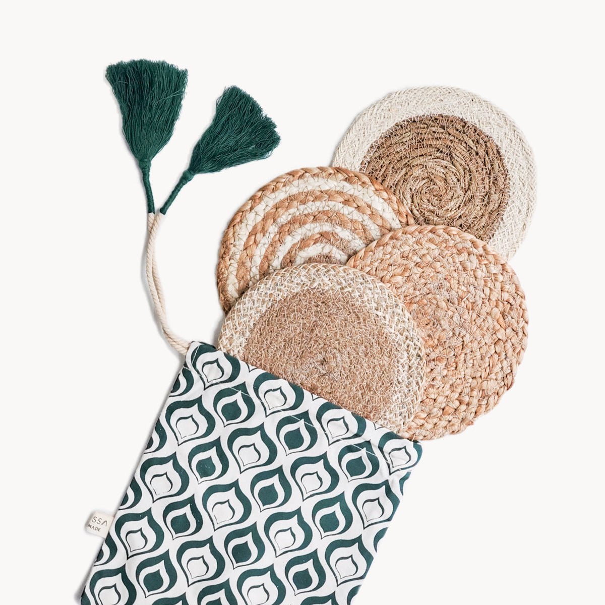 KORISSA Handmade Jute Seagrass Coaster Set of 4 with Drawstring Pouch