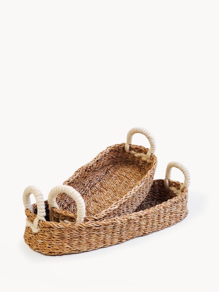 KORISSA Handmade Seagrass Bread Basket with White Jute Handle - Natural