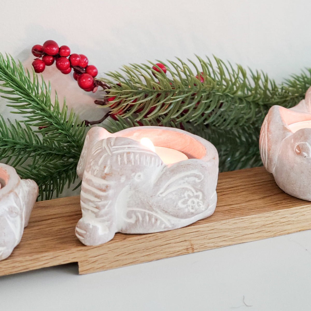 KORISSA Handmade Terracotta Elephant Tea Light Holder - Natural Clay