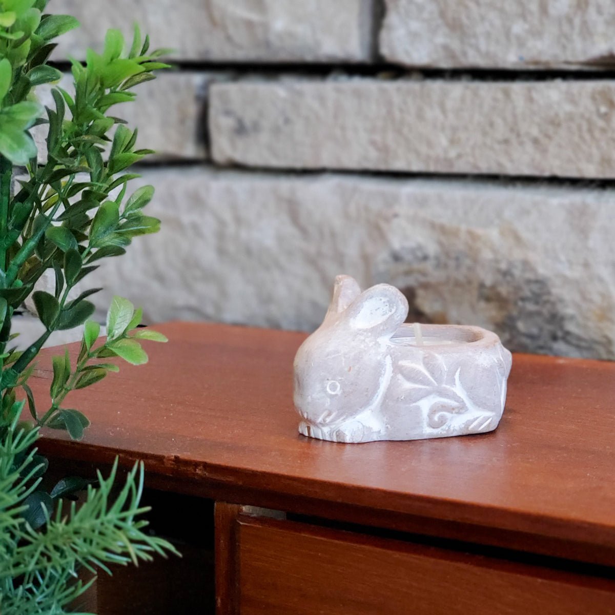 KORISSA Handmade Terracotta Rabbit Tea Light Holder - Natural Clay