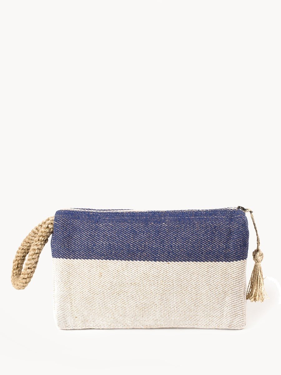 KORISSA Handwoven Jute - Cotton Clutch Bag Blue - Macrame Handle Fair Trade