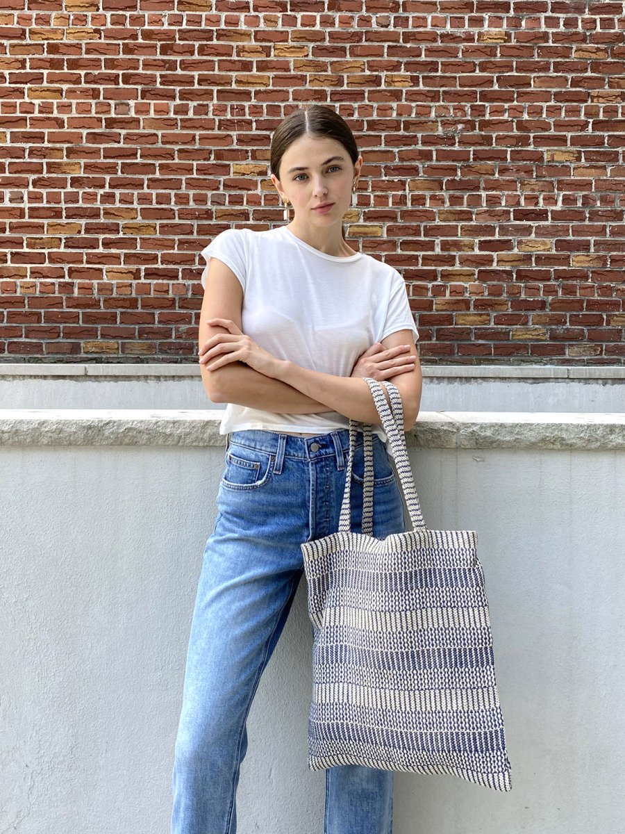 KORISSA Handwoven Jute - Cotton Tote Bag - Blue 15.75" Fair Trade