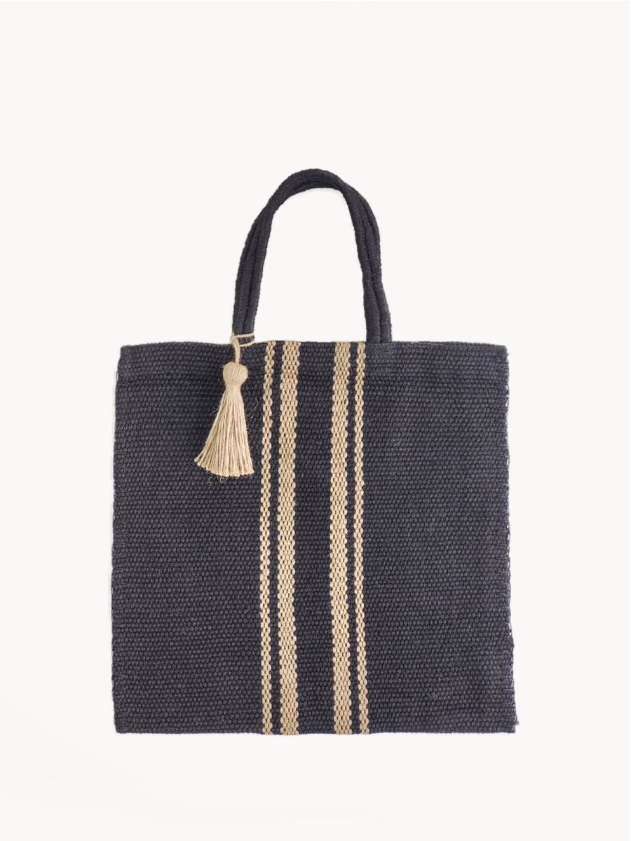 KORISSA Handwoven Jute Tote Bag - Black Natural | Fair Trade 16x16