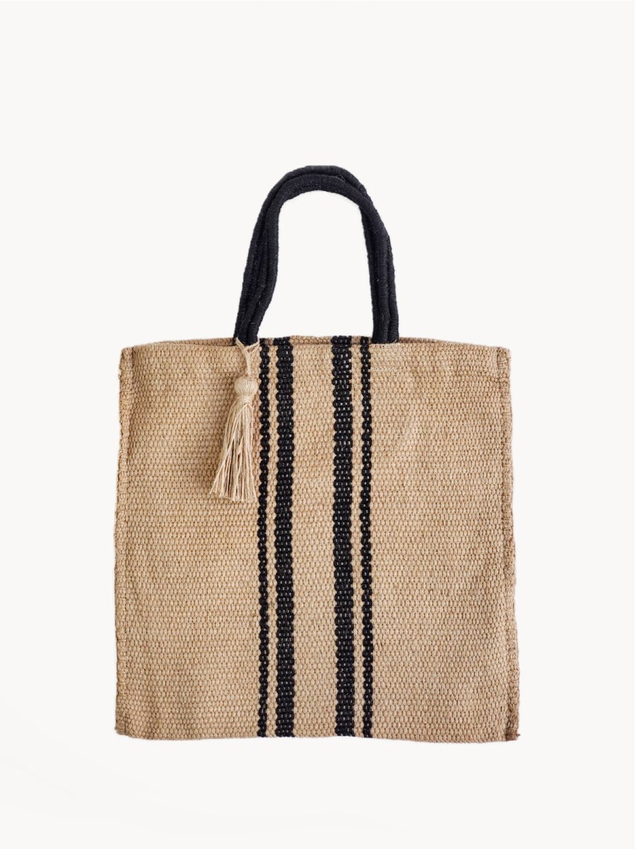 KORISSA Handwoven Jute Tote Bag - Natural & Black - 16x16 Inch