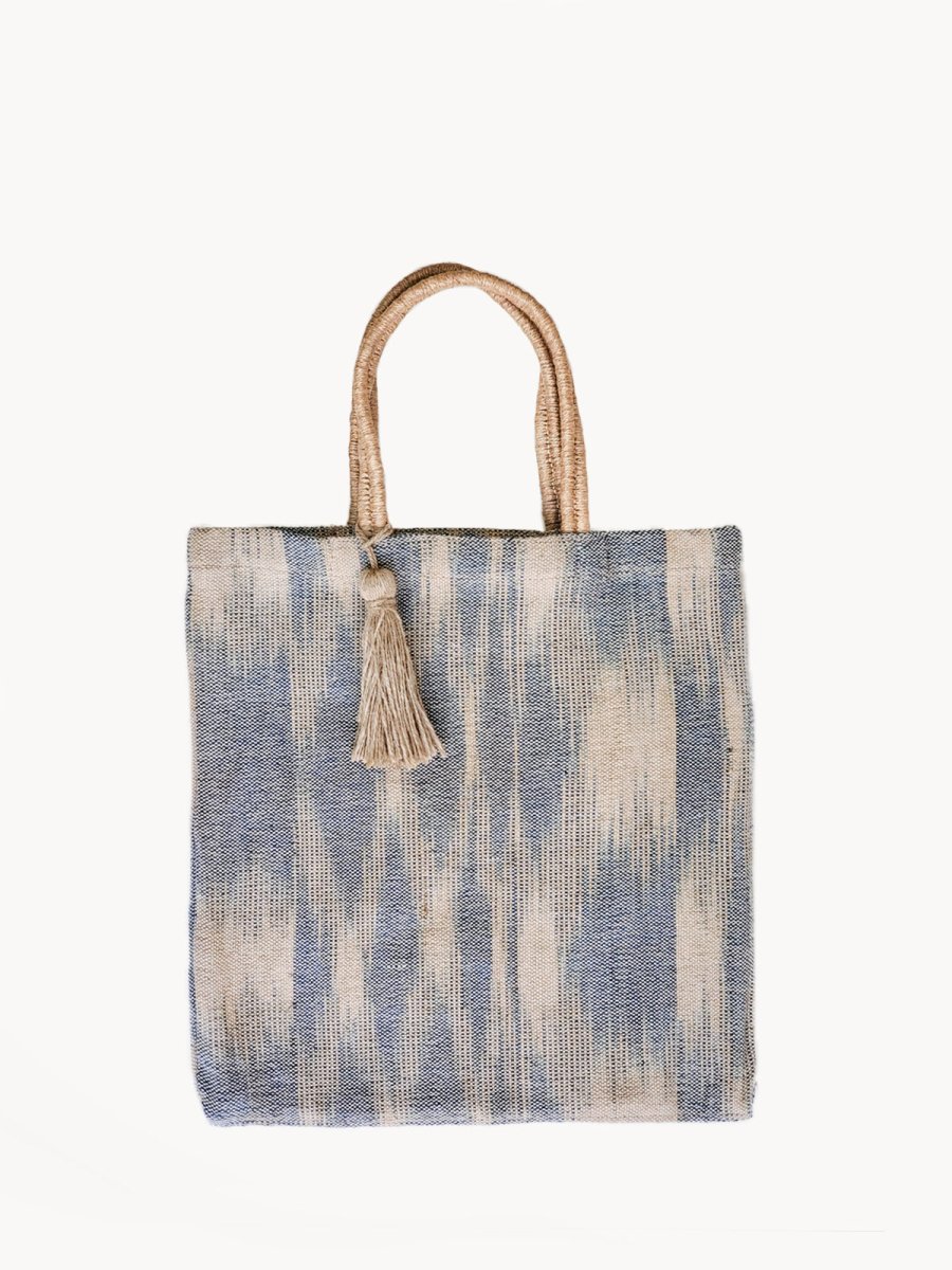 KORISSA Handwoven Jute Tote Bag - Natural Blue Fair Trade Market Bag