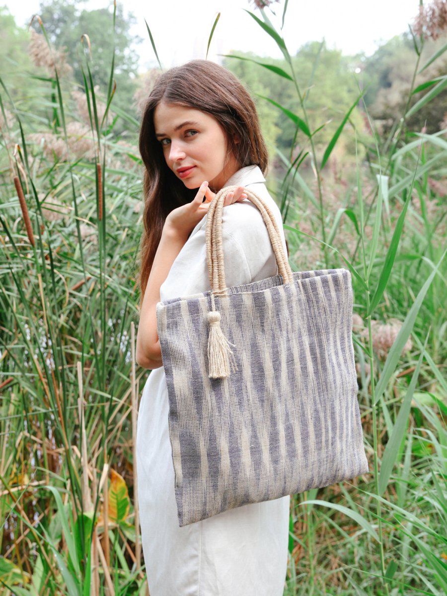 KORISSA Handwoven Jute Tote Bag - Natural Blue Fair Trade Market Bag