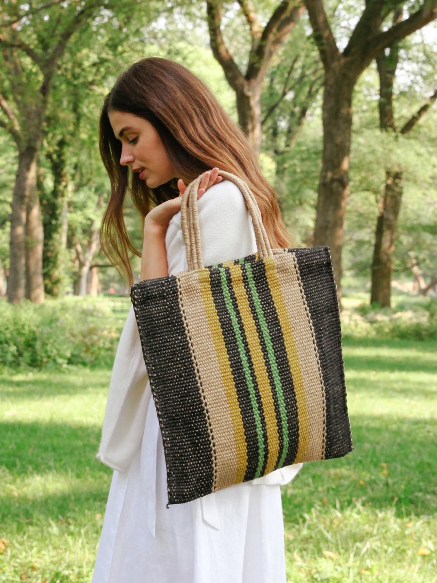 KORISSA Handwoven Jute Tote Bag - Natural Navy Multicolor | 16x16 KORISSA