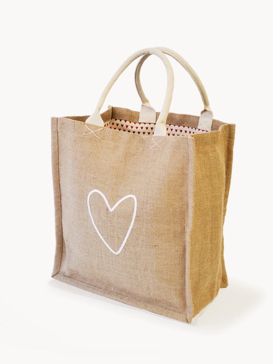 KORISSA Jute Canvas Market Bag with Heart Pattern - Reusable Fair Trade Tote