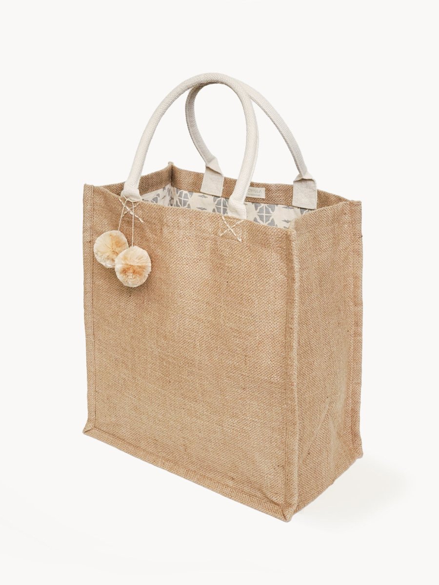 KORISSA Jute Canvas Market Bag with Pompom - Fair Trade Reusable Tote