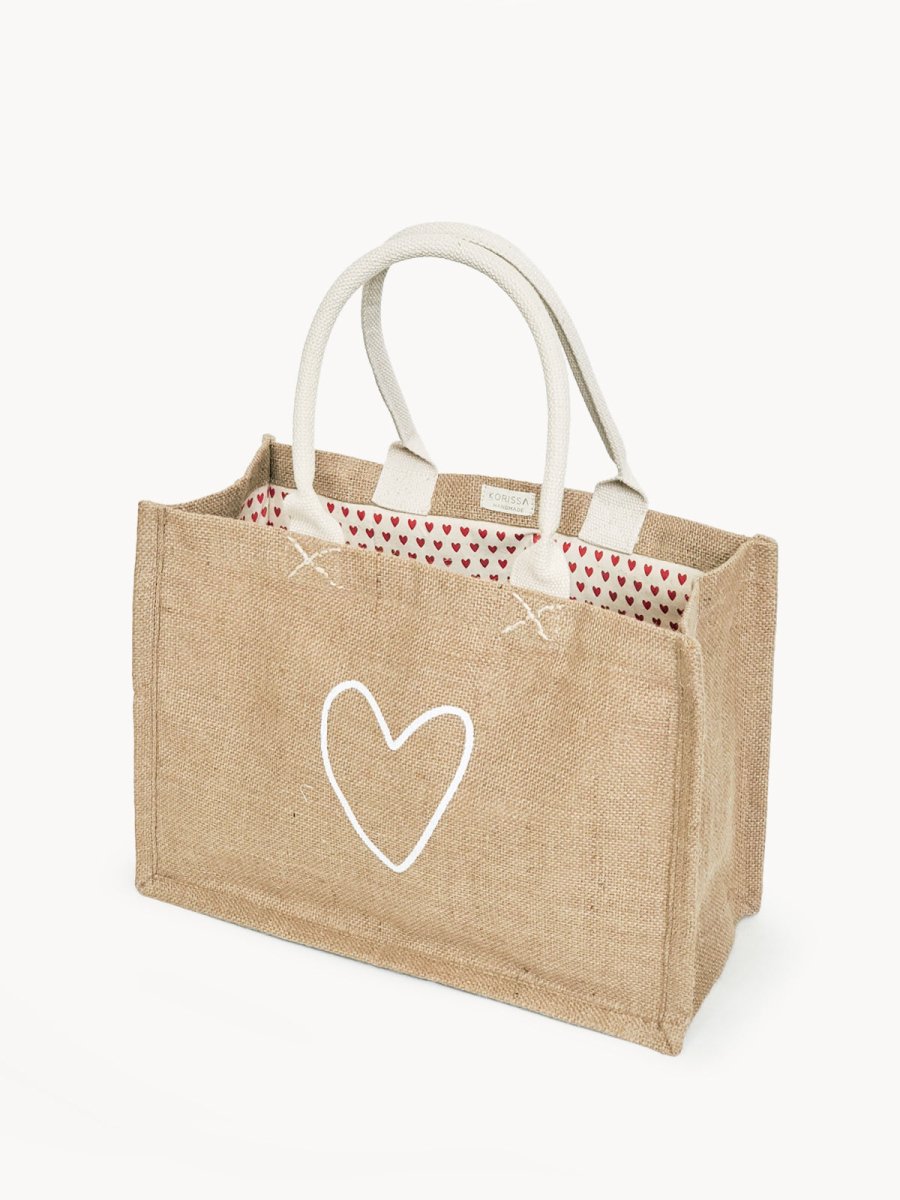 KORISSA Jute Canvas Shopping Bag with Heart Lining - Fair Trade Handmade