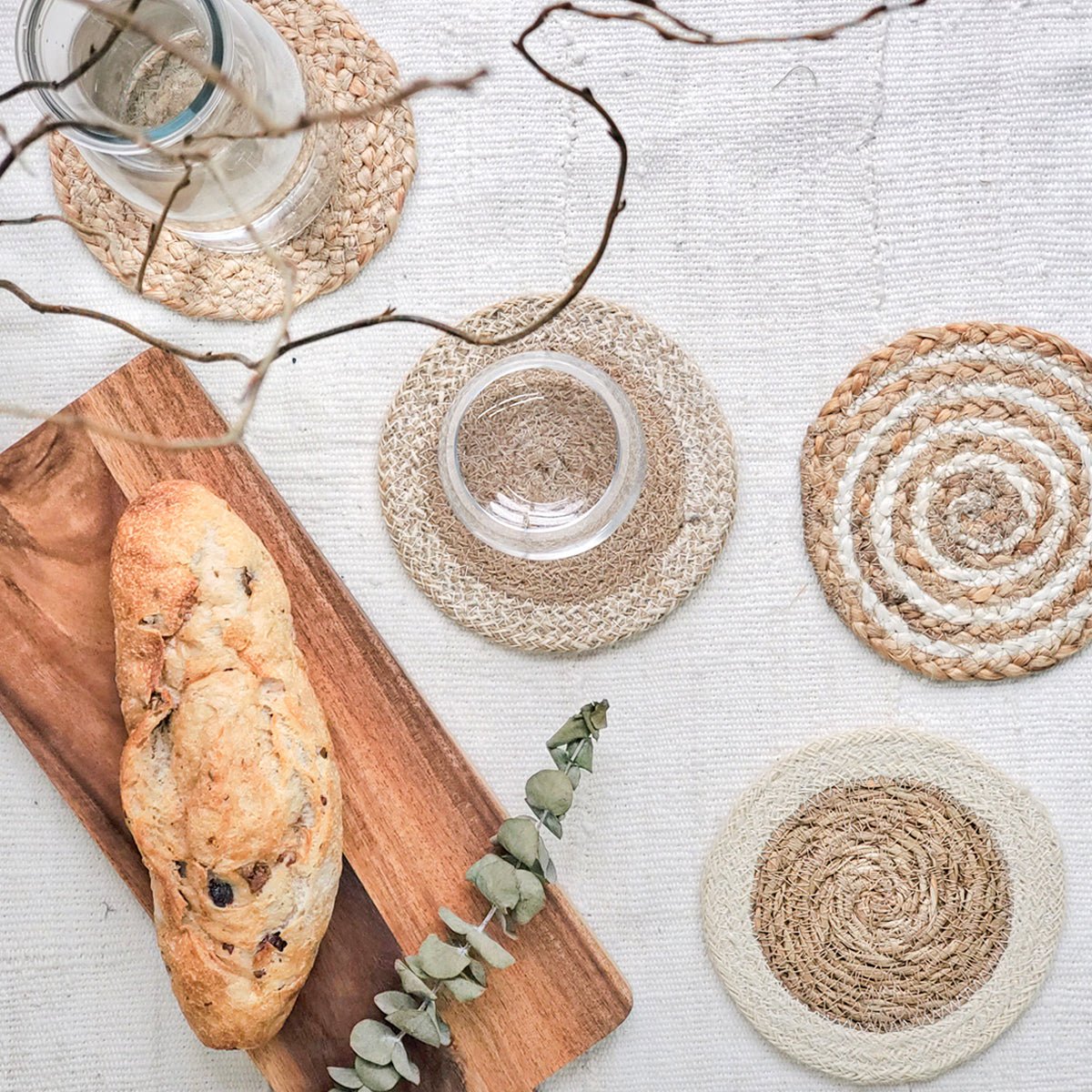 KORISSA Jute Seagrass Coaster Trivet Set - 4 Piece with Cotton Pouch