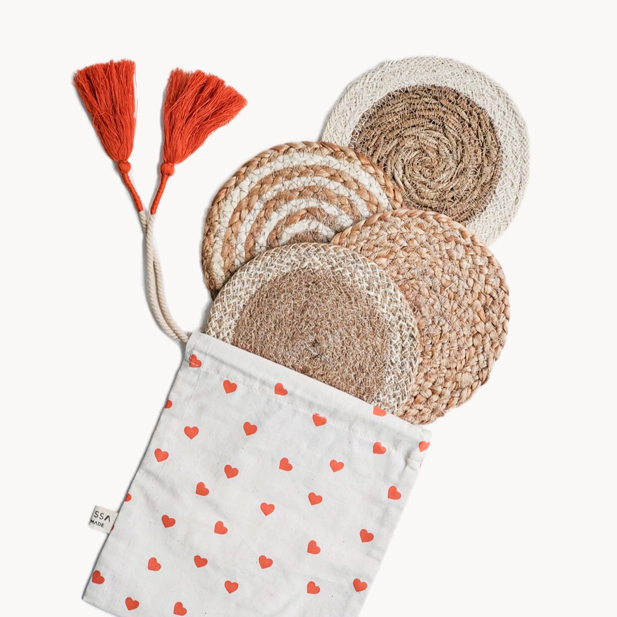 KORISSA Jute Seagrass Coaster Trivet Set - 4 Piece with Cotton Pouch