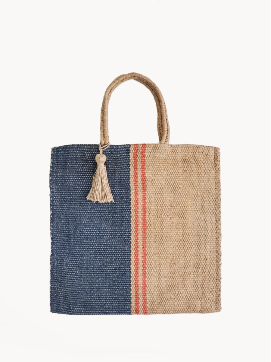 KORISSA Maya Handwoven Jute Tote Bag - Natural Navy Red Fair Trade