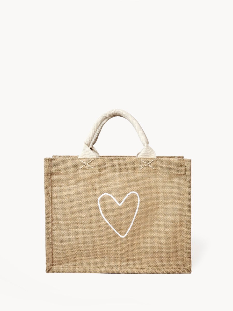 KORISSA Reusable Jute Gift Bag with Love Design - Natural Canvas Tote