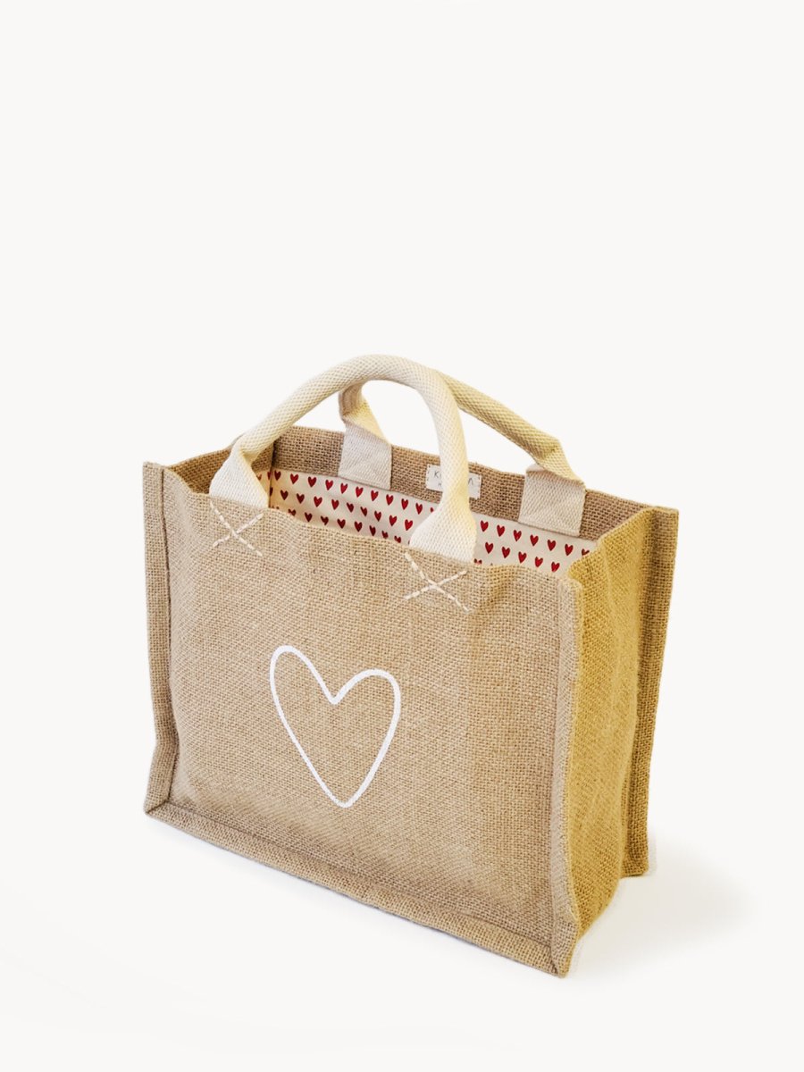 KORISSA Reusable Jute Gift Bag with Red Hearts - Natural Canvas Tote
