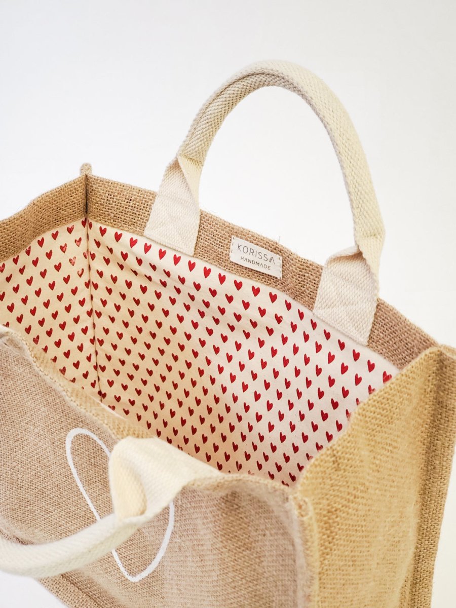 KORISSA Reusable Jute Gift Bag with Red Hearts - Natural Canvas Tote