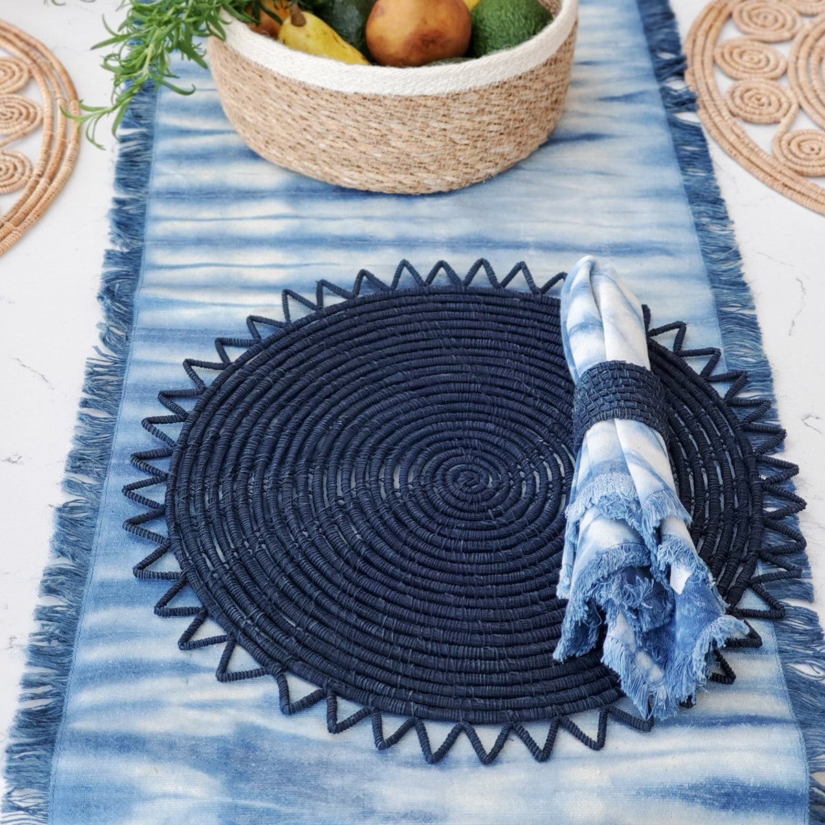 KORISSA Surya Woven Palm Fiber Placemat, Indigo Blue - Set of 2