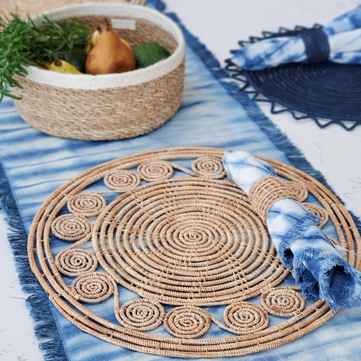 KORISSA Tie Dye Cotton Table Runner, Indigo Blue
