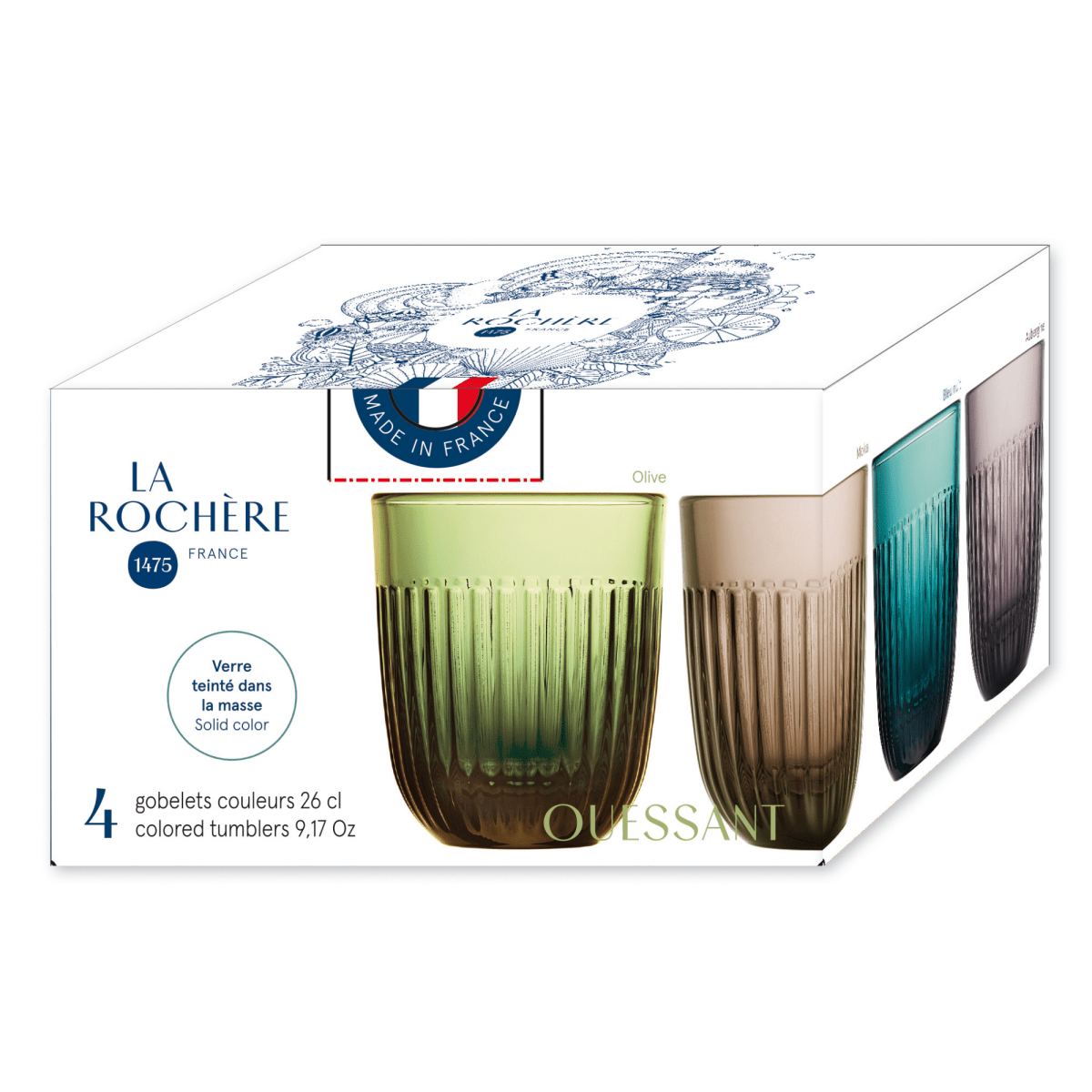 La Rochere NA Ouessant Colored Glass Tumblers, Set of 4 | Ribbed Drinkware