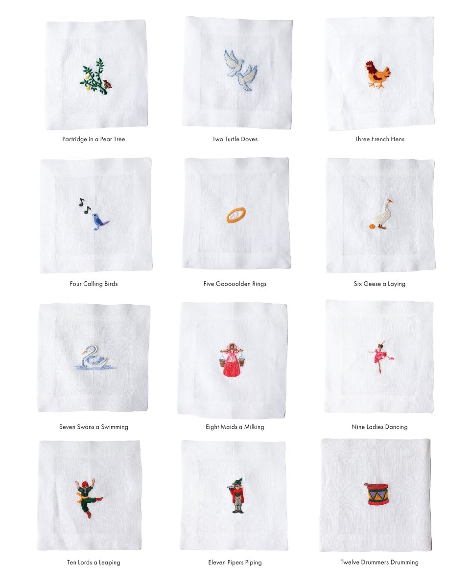 Lettermade 12 Days of Christmas Embroidered Linen Cocktail Napkins – Set of 12