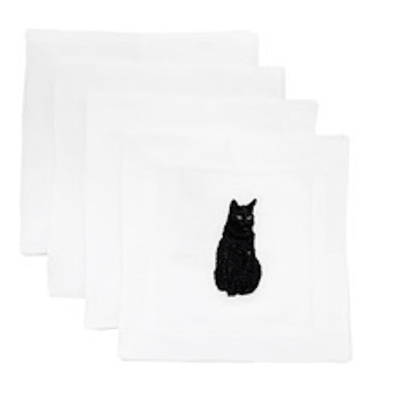 Lettermade Black Cat Embroidered Linen Cocktail Napkins - Set of 4