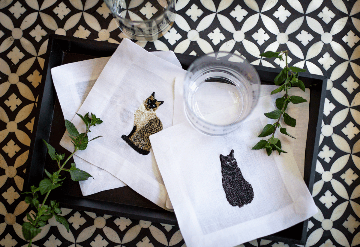 Lettermade Black Cat Embroidered Linen Cocktail Napkins - Set of 4