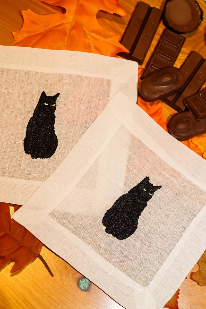 Lettermade Black Cat Embroidered Linen Cocktail Napkins - Set of 4