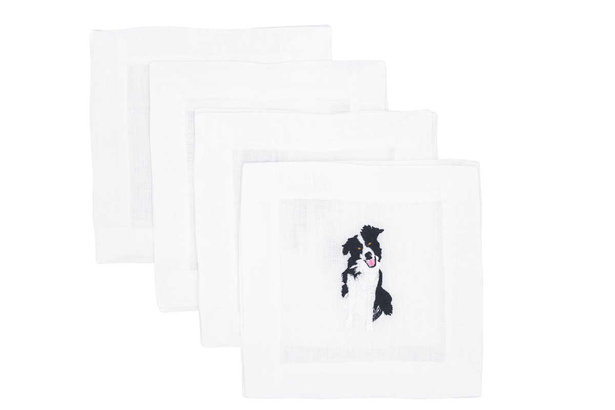 Lettermade Border Collie Embroidered Linen Cocktail Napkins – Set of 4