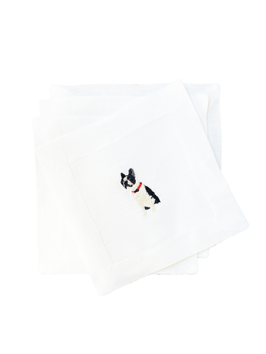 Lettermade Boston Terrier Embroidered Linen Cocktail Napkins – Set of 4