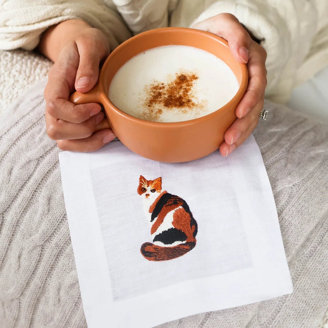 Lettermade Calico Cat Embroidered Linen Cocktail Napkins – Set of 4