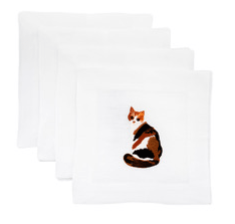 Lettermade Calico Cat Embroidered Linen Cocktail Napkins – Set of 4