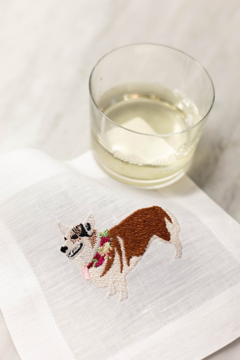 Lettermade Corgi Embroidered Linen Cocktail Napkins – Set of 4