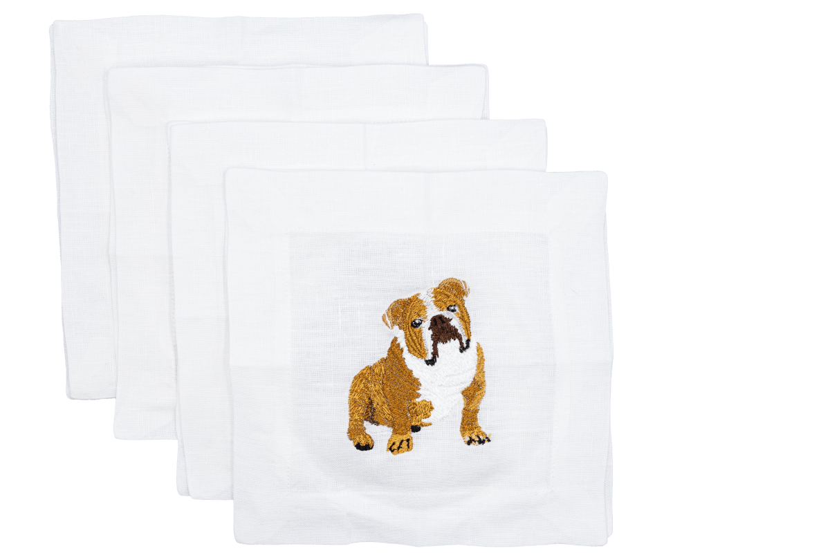 Lettermade English Bulldog Embroidered Linen Cocktail Napkins – Set of 4