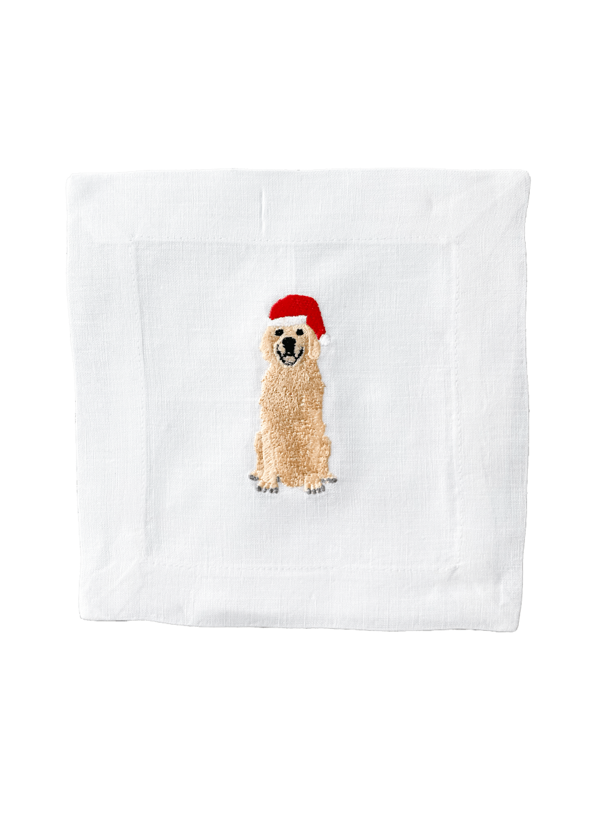 Lettermade Golden Retriever Santa Dog Embroidered Linen Cocktail Napkins – Set of 4