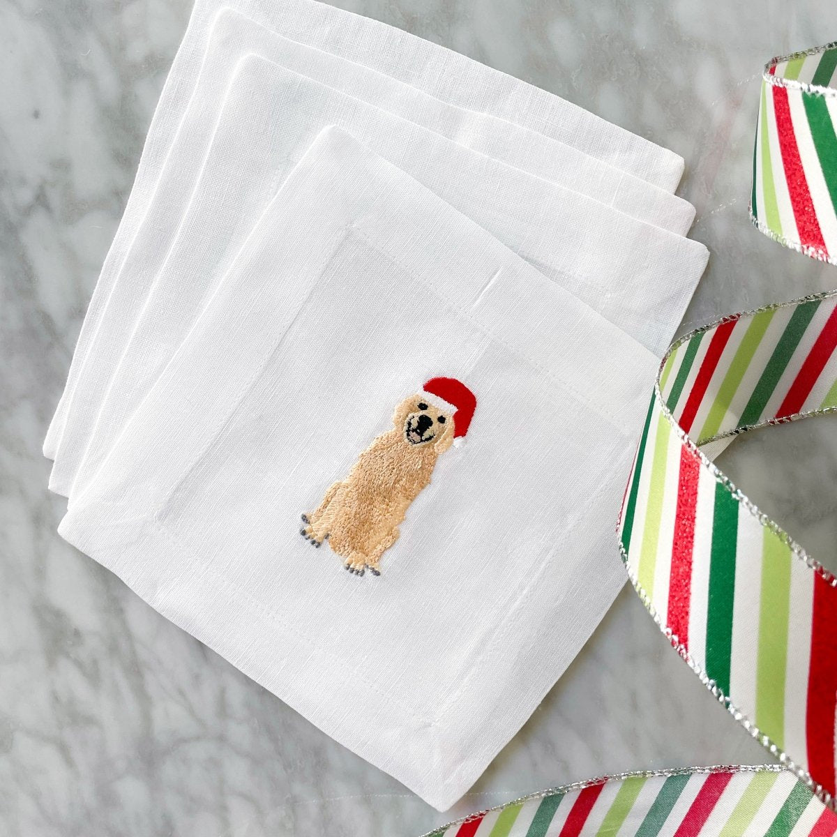 Lettermade Golden Retriever Santa Dog Embroidered Linen Cocktail Napkins – Set of 4