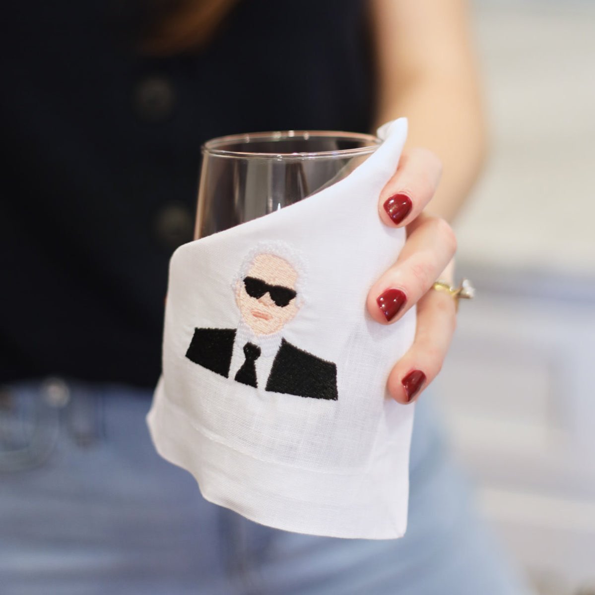 Lettermade Karl Lagerfeld Embroidered Linen Cocktail Napkins – Set of 4